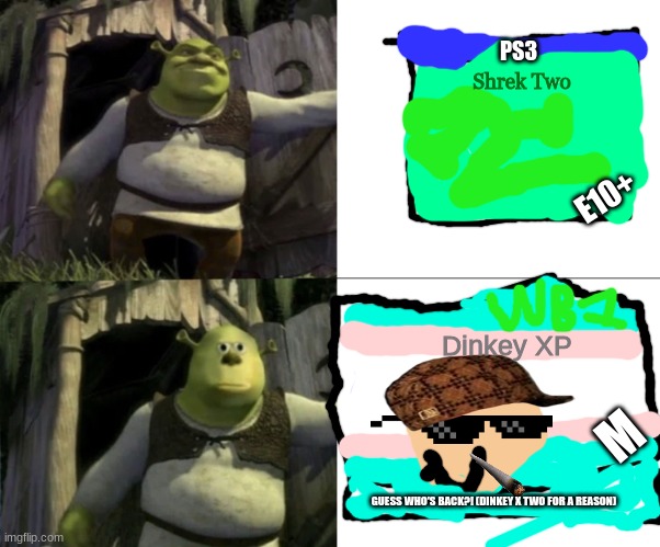 It's back again. | PS3; Shrek Two; E10+; Dinkey XP; M; GUESS WHO'S BACK?! (DINKEY X TWO FOR A REASON) | image tagged in shocked shrek face swap | made w/ Imgflip meme maker