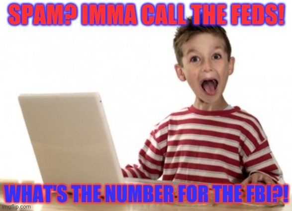Little Boy At Computer | SPAM? IMMA CALL THE FEDS! WHAT'S THE NUMBER FOR THE FBI?! | image tagged in little boy at computer | made w/ Imgflip meme maker