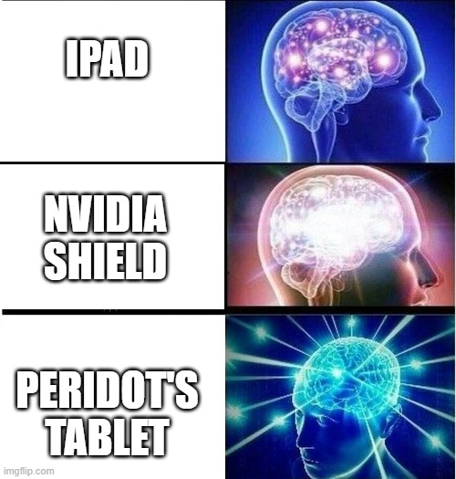 Tablets | IPAD; NVIDIA SHIELD; PERIDOT'S TABLET | image tagged in expanding brain 3 panels | made w/ Imgflip meme maker