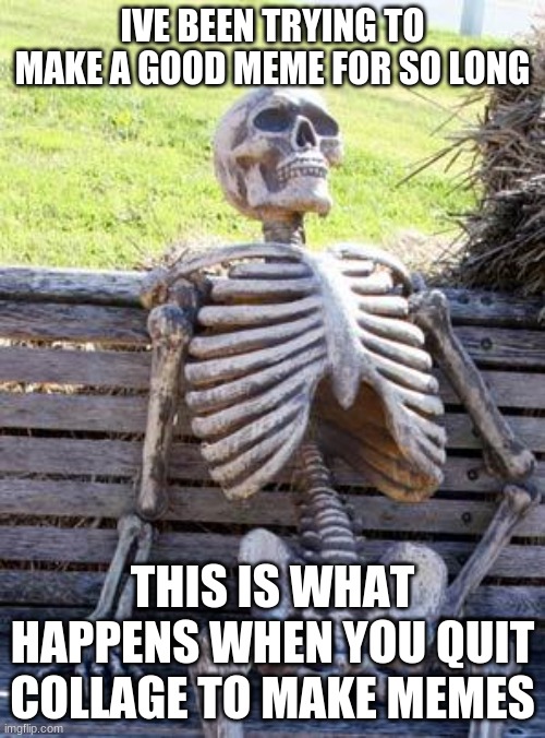 Waiting Skeleton Meme | IVE BEEN TRYING TO MAKE A GOOD MEME FOR SO LONG; THIS IS WHAT HAPPENS WHEN YOU QUIT COLLAGE TO MAKE MEMES | image tagged in memes,waiting skeleton | made w/ Imgflip meme maker