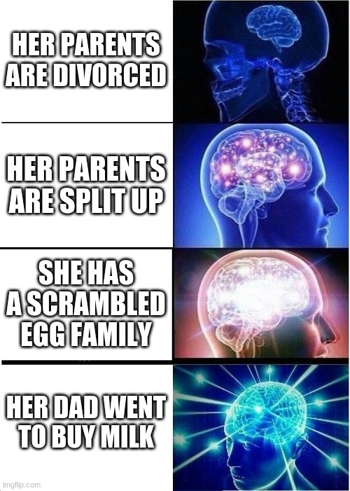 made by my cousin and her friend so don't expect it to be good | HER PARENTS ARE DIVORCED; HER PARENTS ARE SPLIT UP; SHE HAS A SCRAMBLED EGG FAMILY; HER DAD WENT TO BUY MILK | image tagged in memes,expanding brain | made w/ Imgflip meme maker