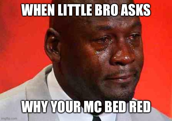 crying michael jordan | WHEN LITTLE BRO ASKS; WHY YOUR MC BED RED | image tagged in crying michael jordan | made w/ Imgflip meme maker