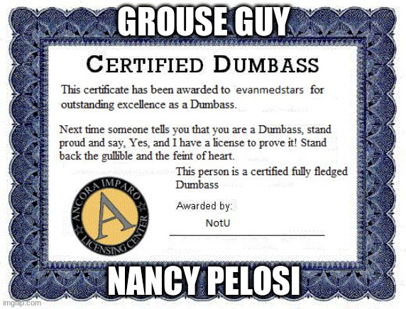 Dumbass award | GROUSE GUY; NANCY PELOSI | image tagged in dumbass award | made w/ Imgflip meme maker