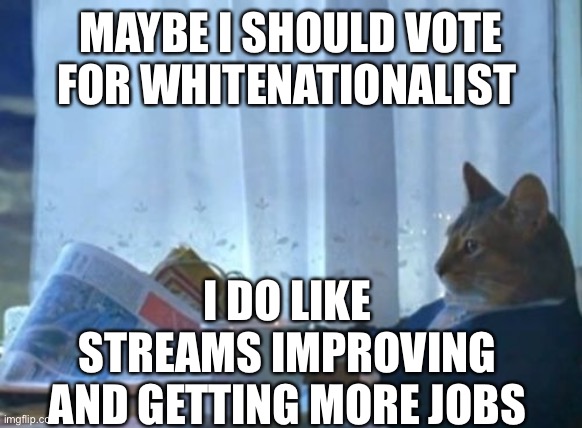 Vote WhiteNationalist For President | MAYBE I SHOULD VOTE FOR WHITENATIONALIST; I DO LIKE STREAMS IMPROVING AND GETTING MORE JOBS | image tagged in memes,i should buy a boat cat,vote,whitenationalist | made w/ Imgflip meme maker