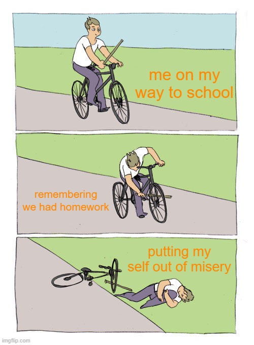 My life story | me on my way to school; remembering we had homework; putting my self out of misery | image tagged in memes,bike fall | made w/ Imgflip meme maker