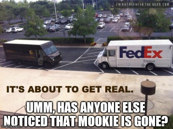FedEx vs ups | UMM, HAS ANYONE ELSE NOTICED THAT MOOKIE IS GONE? | image tagged in fedex vs ups | made w/ Imgflip meme maker