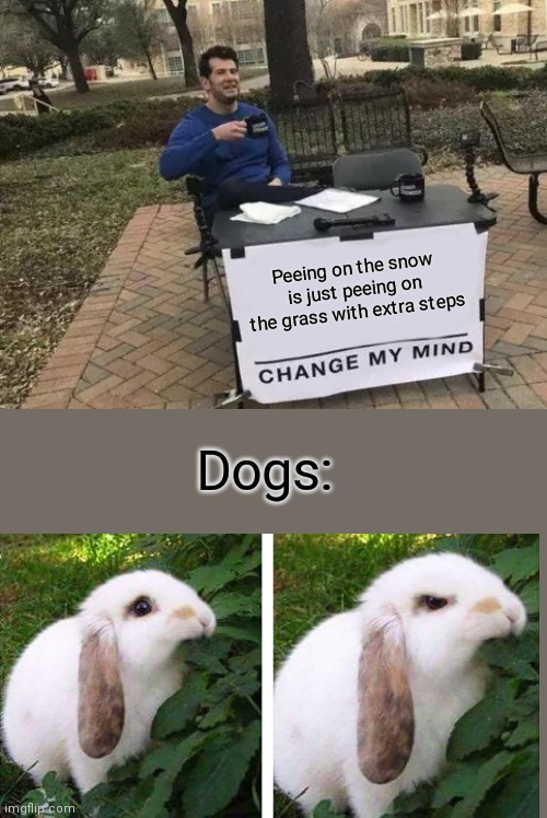 Change My Mind | Peeing on the snow is just peeing on the grass with extra steps; Dogs: | image tagged in memes,change my mind | made w/ Imgflip meme maker