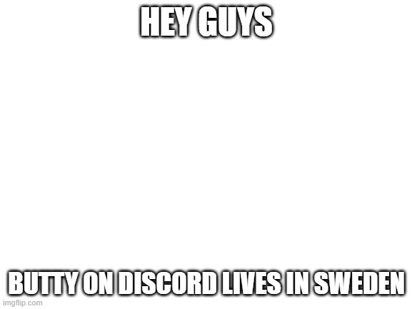 butty lives in sweden | HEY GUYS; BUTTY ON DISCORD LIVES IN SWEDEN | image tagged in blank white template,location,discord,chat,butty,poop | made w/ Imgflip meme maker