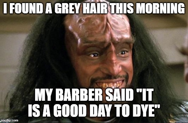 Kurn Smiling | I FOUND A GREY HAIR THIS MORNING; MY BARBER SAID "IT IS A GOOD DAY TO DYE" | image tagged in kurn smiling | made w/ Imgflip meme maker