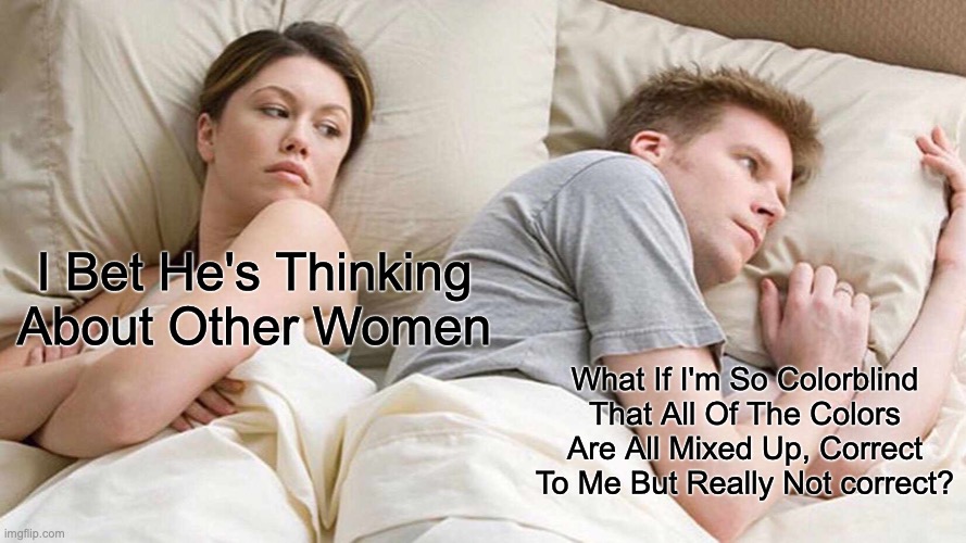 Idk anymore plz send me help | I Bet He's Thinking About Other Women; What If I'm So Colorblind That All Of The Colors Are All Mixed Up, Correct To Me But Really Not correct? | image tagged in memes,i bet he's thinking about other women | made w/ Imgflip meme maker