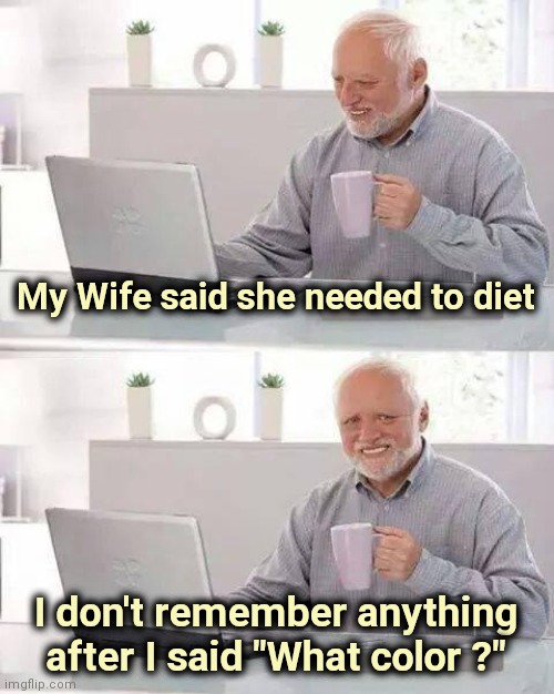 I always get "Don't be such a Smart Ass" | My Wife said she needed to diet I don't remember anything after I said "What color ?" | image tagged in memes,hide the pain harold,wise guys laughing,jokes,sense of humor | made w/ Imgflip meme maker