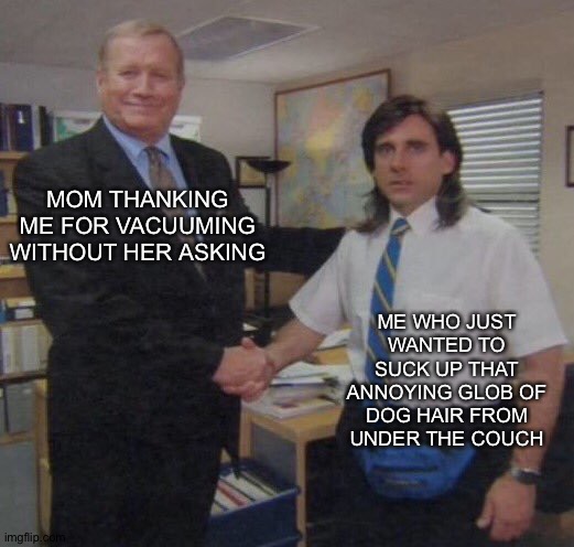 I just vacuumed | ME WHO JUST WANTED TO SUCK UP THAT ANNOYING GLOB OF DOG HAIR FROM UNDER THE COUCH; MOM THANKING ME FOR VACUUMING WITHOUT HER ASKING | image tagged in the office congratulations | made w/ Imgflip meme maker