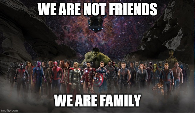 Marvel | WE ARE NOT FRIENDS; WE ARE FAMILY | image tagged in marvel | made w/ Imgflip meme maker