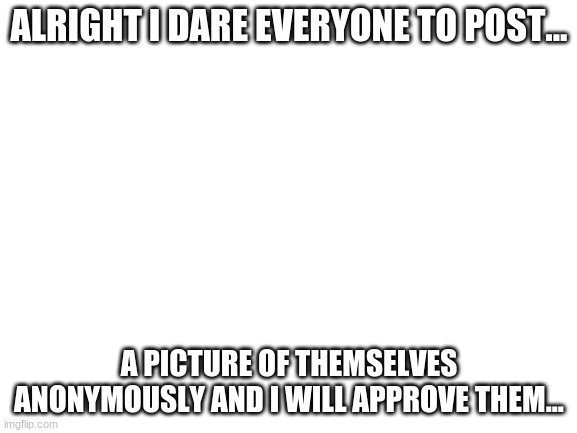 I dare you | ALRIGHT I DARE EVERYONE TO POST... A PICTURE OF THEMSELVES ANONYMOUSLY AND I WILL APPROVE THEM... | image tagged in blank white template | made w/ Imgflip meme maker