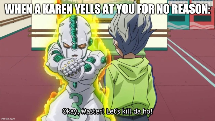 OK Master, let's kill da ho! | WHEN A KAREN YELLS AT YOU FOR NO REASON: | image tagged in ok master let's kill da ho | made w/ Imgflip meme maker