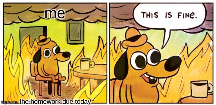 This Is Fine | me; the homework due today | image tagged in memes,this is fine | made w/ Imgflip meme maker