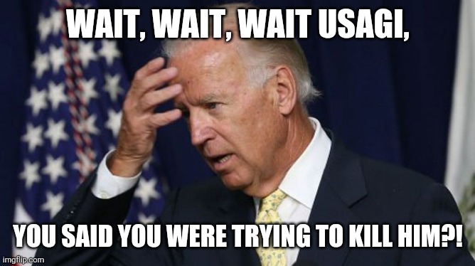 Joe Biden worries | WAIT, WAIT, WAIT USAGI, YOU SAID YOU WERE TRYING TO KILL HIM?! | image tagged in joe biden worries | made w/ Imgflip meme maker