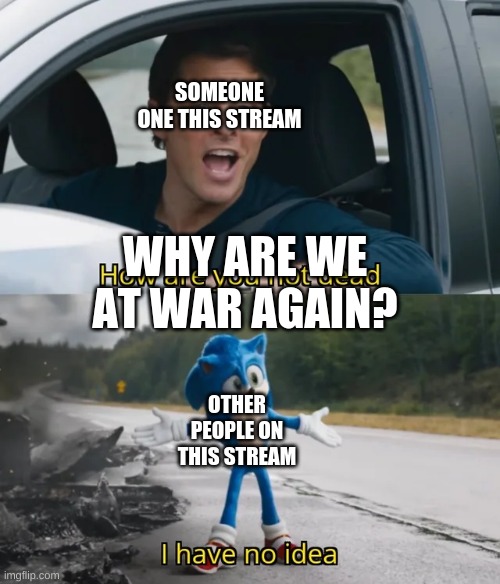 Lol So True | SOMEONE ONE THIS STREAM; WHY ARE WE AT WAR AGAIN? OTHER PEOPLE ON THIS STREAM | image tagged in sonic i have no idea | made w/ Imgflip meme maker