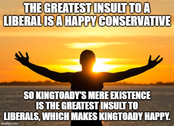 Be like KingToady | THE GREATEST INSULT TO A LIBERAL IS A HAPPY CONSERVATIVE; SO KINGTOADY'S MERE EXISTENCE IS THE GREATEST INSULT TO LIBERALS, WHICH MAKES KINGTOADY HAPPY. | image tagged in stupid liberals,funny memes,truth,be happy,politics lol | made w/ Imgflip meme maker