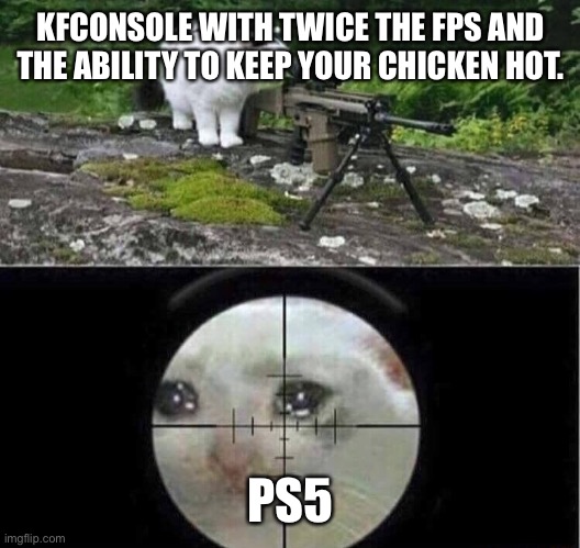 Sniper cat | KFCONSOLE WITH TWICE THE FPS AND THE ABILITY TO KEEP YOUR CHICKEN HOT. PS5 | image tagged in sniper cat | made w/ Imgflip meme maker