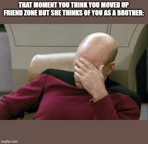 Captain Picard Facepalm Meme | THAT MOMENT YOU THINK YOU MOVED UP FRIEND ZONE BUT SHE THINKS OF YOU AS A BROTHER: | image tagged in memes,captain picard facepalm | made w/ Imgflip meme maker