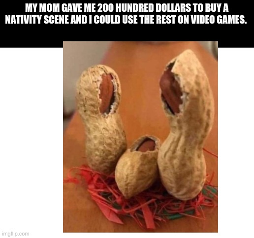 MY MOM GAVE ME 200 HUNDRED DOLLARS TO BUY A NATIVITY SCENE AND I COULD USE THE REST ON VIDEO GAMES. | image tagged in blank white template | made w/ Imgflip meme maker