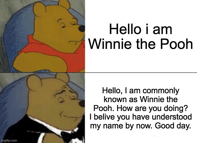 Tuxedo Winnie The Pooh | Hello i am Winnie the Pooh; Hello, I am commonly known as Winnie the Pooh. How are you doing? I belive you have understood my name by now. Good day. | image tagged in memes,tuxedo winnie the pooh | made w/ Imgflip meme maker