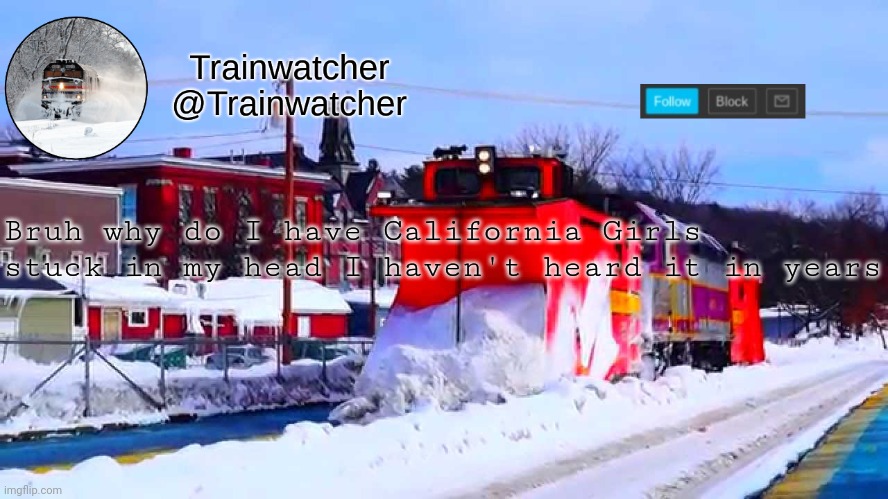 Trainwatcher Winter Temp | Bruh why do I have California Girls stuck in my head I haven't heard it in years | image tagged in trainwatcher winter temp | made w/ Imgflip meme maker