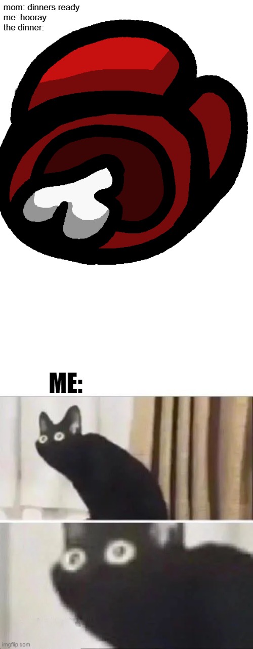 bruh mom | mom: dinners ready
me: hooray
the dinner:; ME: | image tagged in oh no black cat | made w/ Imgflip meme maker