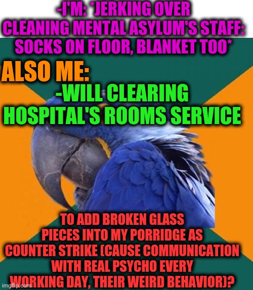 -Afraid of comeback idea. | -I'M: *JERKING OVER CLEANING MENTAL ASYLUM'S STAFF: SOCKS ON FLOOR, BLANKET TOO*; ALSO ME:; -WILL CLEARING HOSPITAL'S ROOMS SERVICE; TO ADD BROKEN GLASS PIECES INTO MY PORRIDGE AS COUNTER STRIKE (CAUSE COMMUNICATION WITH REAL PSYCHO EVERY WORKING DAY, THEIR WEIRD BEHAVIOR)? | image tagged in memes,paranoid parrot,mental,hospital,clean up,inside joke | made w/ Imgflip meme maker