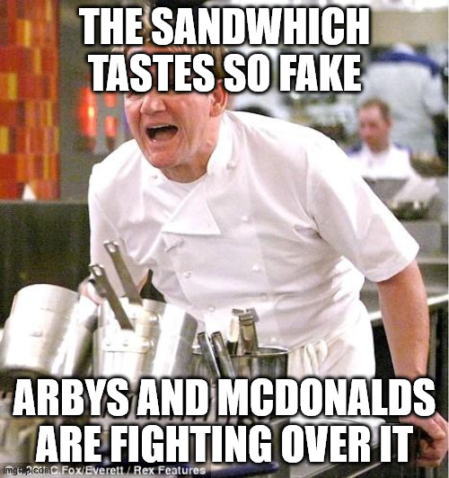 Chef Gordon Ramsay Meme | THE SANDWHICH TASTES SO FAKE; ARBYS AND MCDONALDS ARE FIGHTING OVER IT | image tagged in memes,chef gordon ramsay | made w/ Imgflip meme maker