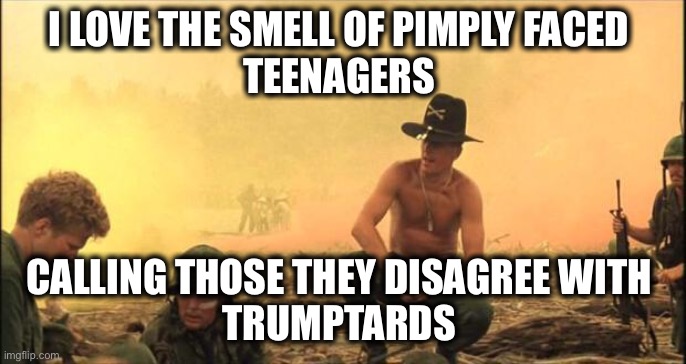 I love the smell of napalm in the morning | I LOVE THE SMELL OF PIMPLY FACED 
TEENAGERS CALLING THOSE THEY DISAGREE WITH 
TRUMPTARDS | image tagged in i love the smell of napalm in the morning | made w/ Imgflip meme maker