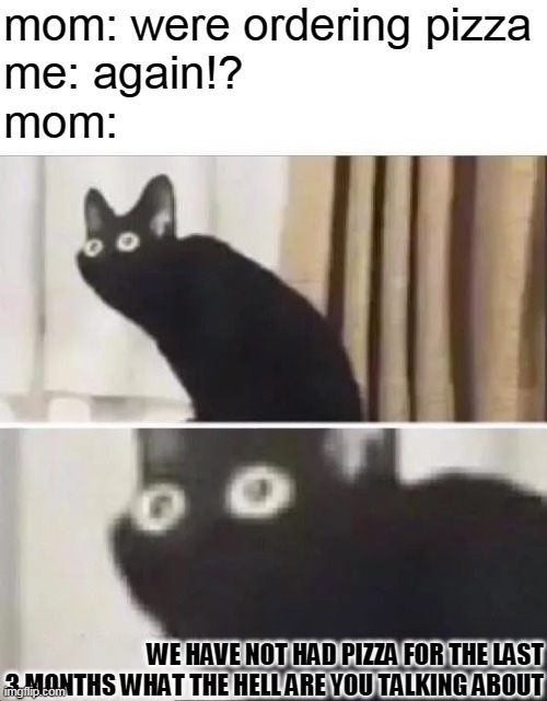 ... | mom: were ordering pizza
me: again!?
mom:; WE HAVE NOT HAD PIZZA FOR THE LAST 3 MONTHS WHAT THE HELL ARE YOU TALKING ABOUT | image tagged in oh no black cat | made w/ Imgflip meme maker