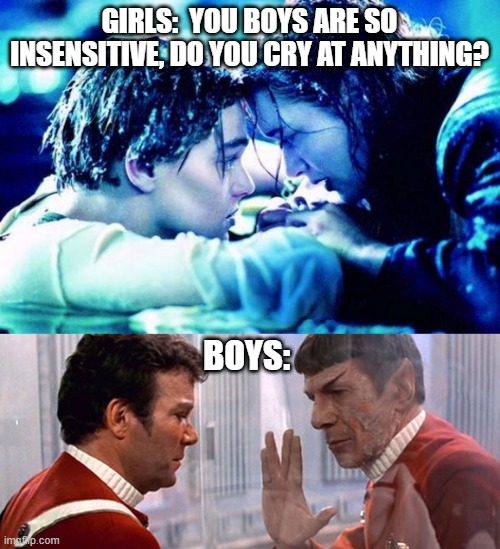 Don't boys ever cry? | GIRLS:  YOU BOYS ARE SO INSENSITIVE, DO YOU CRY AT ANYTHING? BOYS: | image tagged in titanic raft,star trek,funny | made w/ Imgflip meme maker