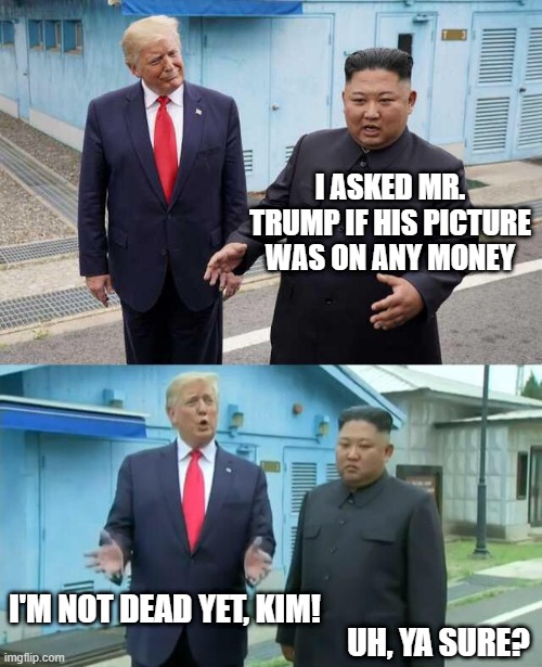 Trump & Kim Jong Un | I ASKED MR. TRUMP IF HIS PICTURE WAS ON ANY MONEY; I'M NOT DEAD YET, KIM! UH, YA SURE? | image tagged in trump kim jong un | made w/ Imgflip meme maker