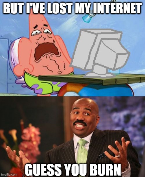 BUT I'VE LOST MY INTERNET GUESS YOU BURN | image tagged in patrick star internet disgust,memes,steve harvey | made w/ Imgflip meme maker