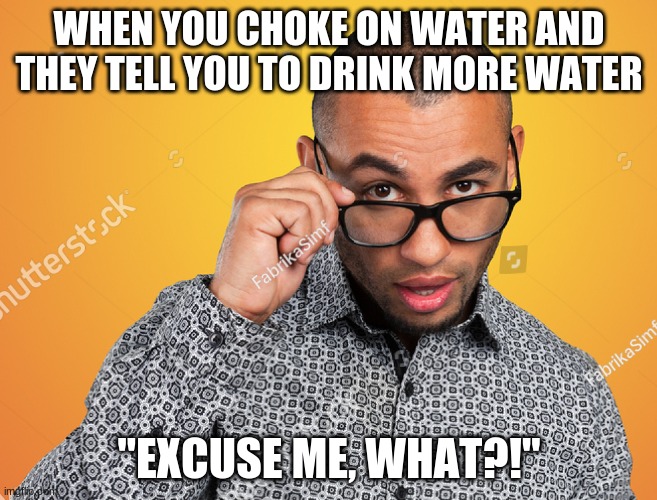 Excuse me, WHAT?! | WHEN YOU CHOKE ON WATER AND THEY TELL YOU TO DRINK MORE WATER; "EXCUSE ME, WHAT?!" | image tagged in fun stream | made w/ Imgflip meme maker