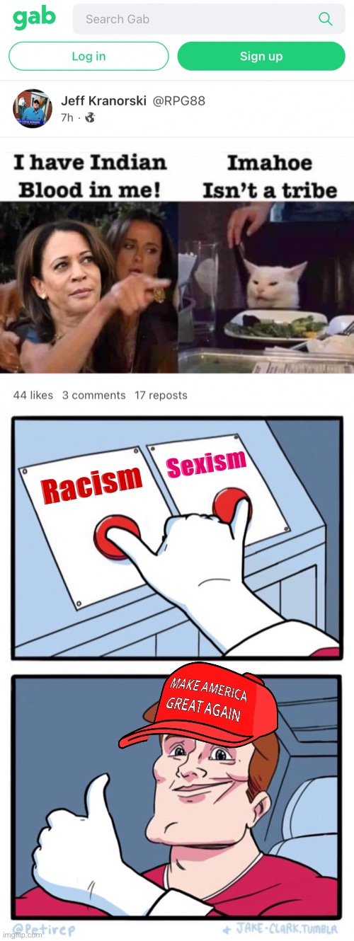 gj bruddah, u made a MAGA funny | Sexism; Racism | image tagged in gab racism sexism,both buttons pressed | made w/ Imgflip meme maker