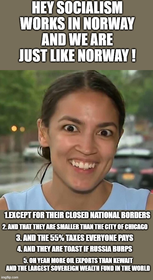 Latinofascist AOC | HEY SOCIALISM WORKS IN NORWAY AND WE ARE JUST LIKE NORWAY ! 1.EXCEPT FOR THEIR CLOSED NATIONAL BORDERS; 2. AND THAT THEY ARE SMALLER THAN THE CITY OF CHICAGO; 3. AND THE 55% TAXES EVERYONE PAYS; 4. AND THEY ARE TOAST IF RUSSIA BURPS; 5. OH YEAH MORE OIL EXPORTS THAN KEWAIT AND THE LARGEST SOVEREIGN WEALTH FUND IN THE WORLD | image tagged in latinofascist aoc,democrats,communism | made w/ Imgflip meme maker