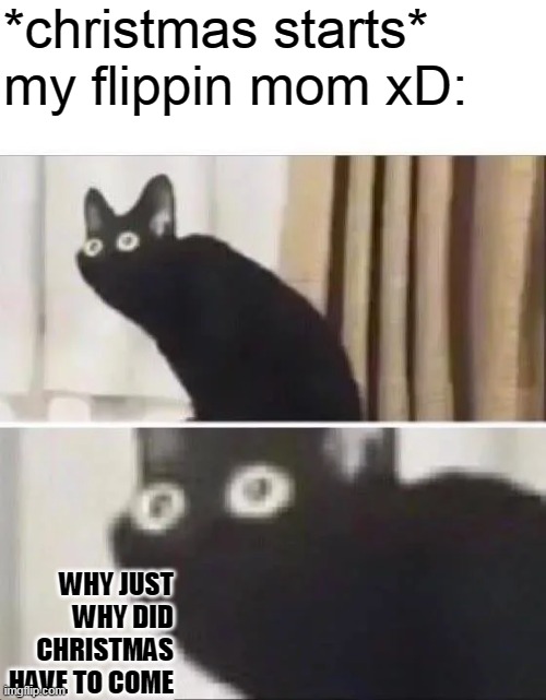 im instantly featuring all of the black cat memes i can here | *christmas starts*

my flippin mom xD:; WHY JUST WHY DID CHRISTMAS HAVE TO COME | image tagged in oh no black cat | made w/ Imgflip meme maker