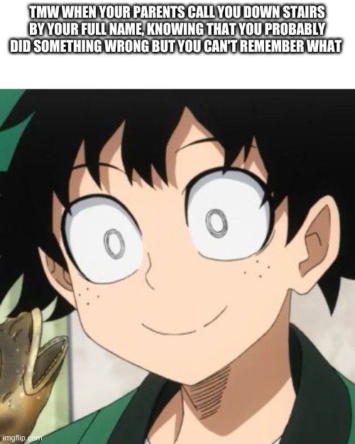 Triggered Deku | TMW WHEN YOUR PARENTS CALL YOU DOWN STAIRS BY YOUR FULL NAME, KNOWING THAT YOU PROBABLY DID SOMETHING WRONG BUT YOU CAN'T REMEMBER WHAT | image tagged in triggered deku | made w/ Imgflip meme maker