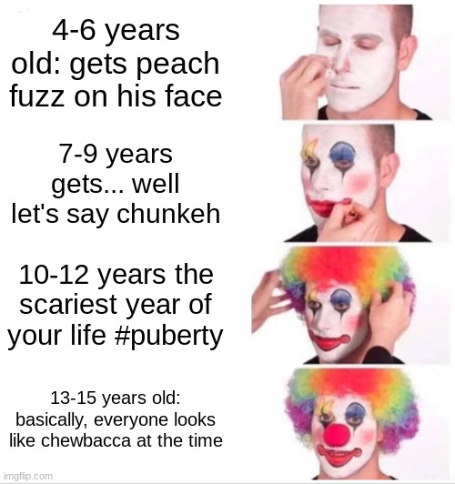 Clown Applying Makeup Meme | 4-6 years old: gets peach fuzz on his face; 7-9 years gets... well let's say chunkeh; 10-12 years the scariest year of your life #puberty; 13-15 years old: basically, everyone looks like chewbacca at the time | image tagged in memes,clown applying makeup | made w/ Imgflip meme maker
