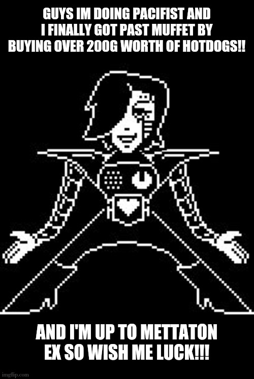 *high pitched fan screeching* | GUYS IM DOING PACIFIST AND I FINALLY GOT PAST MUFFET BY BUYING OVER 200G WORTH OF HOTDOGS!! AND I'M UP TO METTATON EX SO WISH ME LUCK!!! | image tagged in mettaton | made w/ Imgflip meme maker