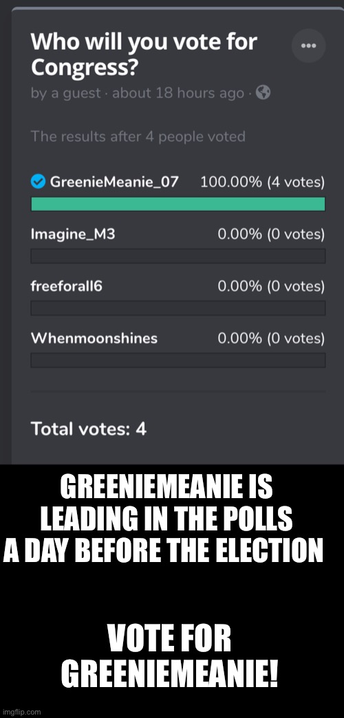 Poll Update | GREENIEMEANIE IS LEADING IN THE POLLS A DAY BEFORE THE ELECTION; VOTE FOR GREENIEMEANIE! | image tagged in blank black,poll,vote,greeniemeanie | made w/ Imgflip meme maker