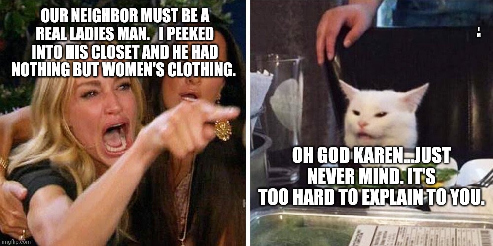 Smudge the cat | J M; OUR NEIGHBOR MUST BE A REAL LADIES MAN.   I PEEKED INTO HIS CLOSET AND HE HAD NOTHING BUT WOMEN'S CLOTHING. OH GOD KAREN...JUST NEVER MIND. IT'S TOO HARD TO EXPLAIN TO YOU. | image tagged in smudge the cat | made w/ Imgflip meme maker