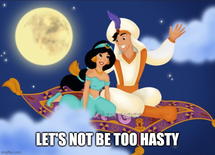 Aladdin | LET'S NOT BE TOO HASTY | image tagged in a whole new world | made w/ Imgflip meme maker