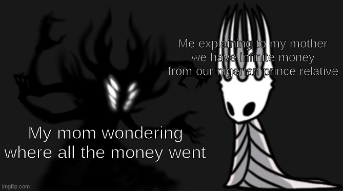 No cost too great, no mind to think. | Me explaining to my mother we have infinite money from our nigerian prince relative; My mom wondering where all the money went | image tagged in hollow knight,nigerian prince,memes | made w/ Imgflip meme maker