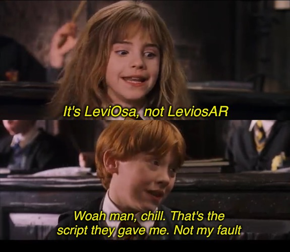 Hermione is so smart, she knows more than the scriptwriters do | It's LeviOsa, not LeviosAR; Woah man, chill. That's the script they gave me. Not my fault | image tagged in harry potter,hermione granger,ron weasley,meme | made w/ Imgflip meme maker