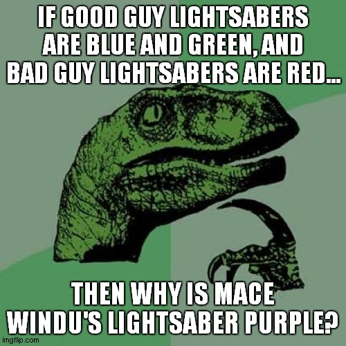 Philosoraptor Meme | IF GOOD GUY LIGHTSABERS ARE BLUE AND GREEN, AND BAD GUY LIGHTSABERS ARE RED... THEN WHY IS MACE WINDU'S LIGHTSABER PURPLE? | image tagged in memes,philosoraptor,star wars,mace windu,lightsaber | made w/ Imgflip meme maker