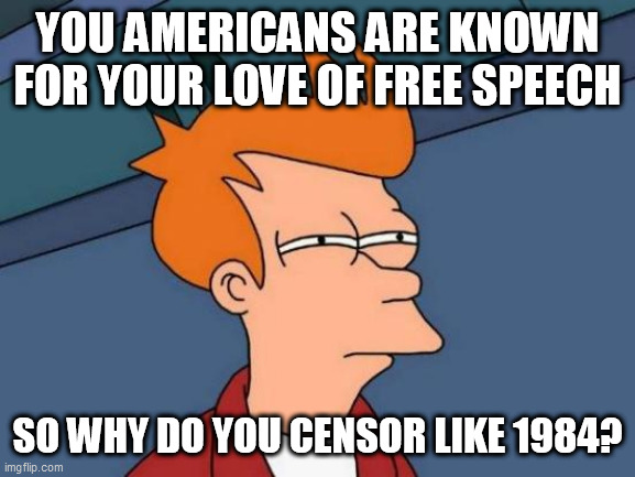 Futurama Fry | YOU AMERICANS ARE KNOWN FOR YOUR LOVE OF FREE SPEECH; SO WHY DO YOU CENSOR LIKE 1984? | image tagged in memes,futurama fry | made w/ Imgflip meme maker